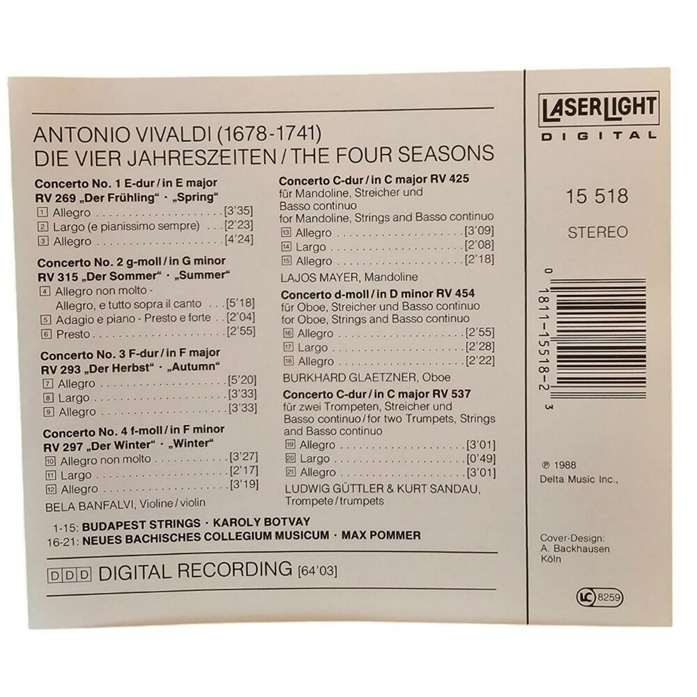 Vivaldis The Four Seasons CD Laserlight Digital Recording  37575CD - Picture 2 of 2